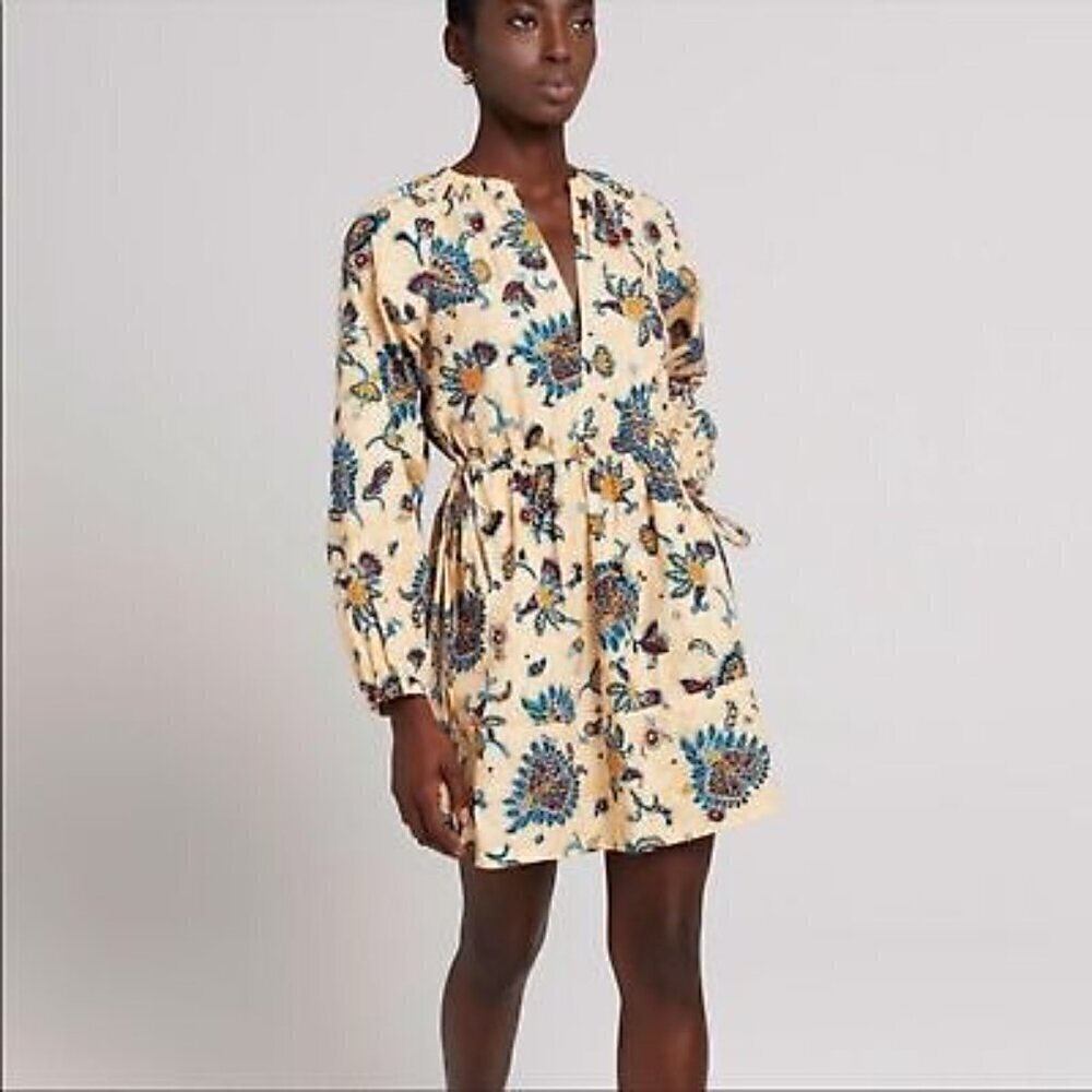 ALC Myra dress shift paisley floral print tan tie belt cotton long sleeve 6